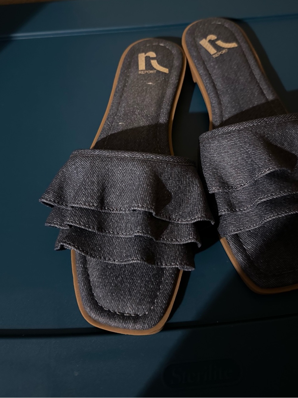 Report Denim Ruffle Slide Sandals